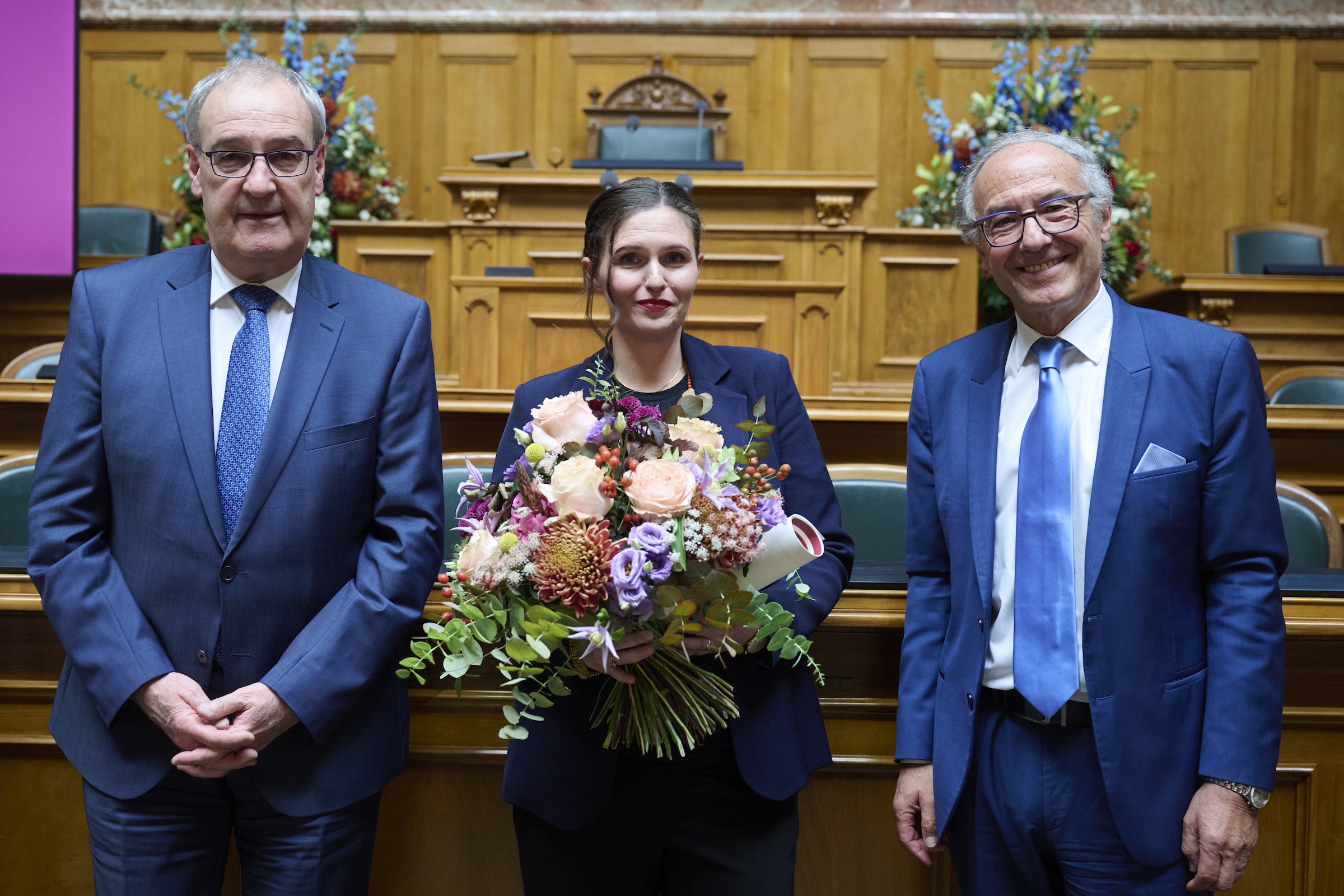 Saskia Stucki, la lauréate du prix Scientifique Suisse Latsis 2025, Yves Flückiger, Président de la Fondation Latsis Internationale et Guy Parmelin, Conseiller Fédéral (Copyright: Franca Pedrazzetti)